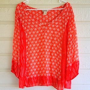 LUCKY BRAND Orange Ivory Ikat Print Sheer Silky Rayon Boho XL 100% Rayon.